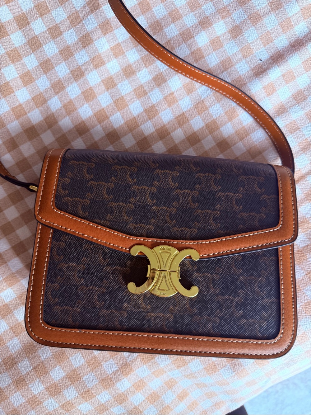 Celine Brown Monogram Crossbody with Tan Leather Trim and Gold Hardware